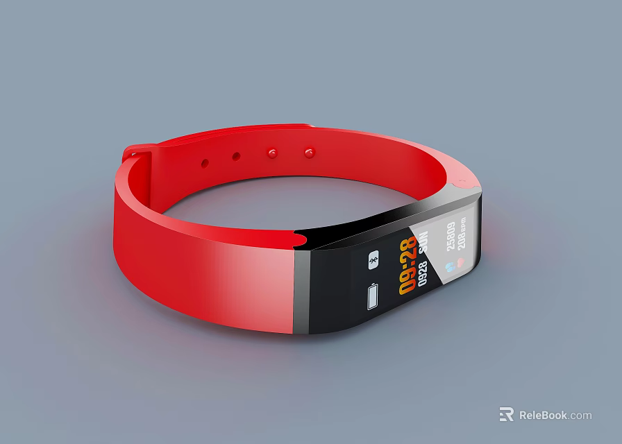 Tech Exhibition Hall Featuring Red Smart Bracelet With Digital Time And Fitness Data 3d model 