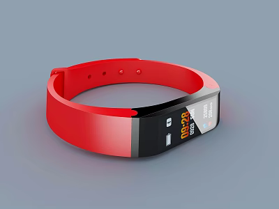 Tech Exhibition Hall Featuring Red Smart Bracelet With Digital Time And Fitness Data 3d model