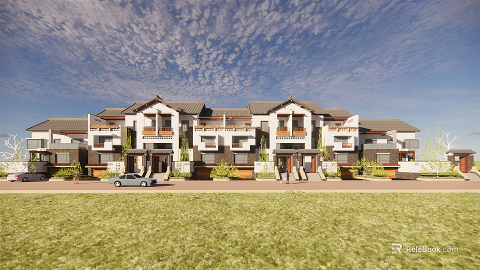 Modern Townhouses Exterior With Row Layout Lawn Parked Car And Cloudy Sky 3d model 