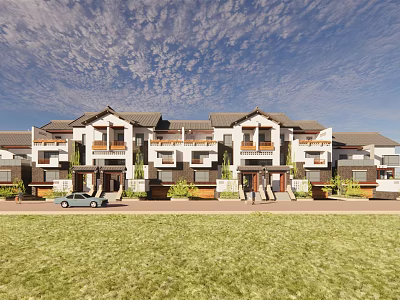 Modern Townhouses Exterior With Row Layout Lawn Parked Car And Cloudy Sky 3d model