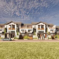 Modern Townhouses Exterior With Row Layout Lawn Parked Car And Cloudy Sky