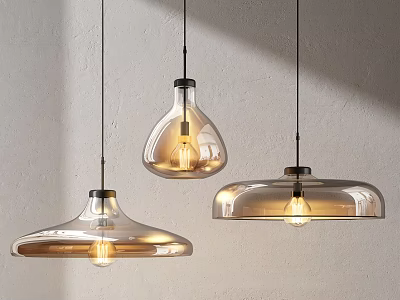 Modern Glass Pendant Lights With Three Different Shapes Illuminated In Minimalist Interior 3d model