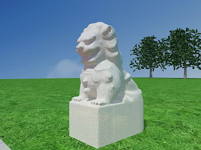 Outdoor Stone Lion Sculpture on Pedestal in Green Grass with Trees and Blue Sky 3d model