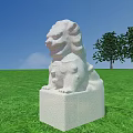 Outdoor Stone Lion Sculpture on Pedestal in Green Grass with Trees and Blue Sky
