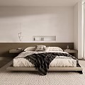 Minimalist Bedroom Interior With Wooden Headboard Bed Nightstands And Neutral Tones Blanket