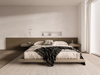 Minimalist Bedroom Interior With Wooden Headboard Bed Nightstands And Neutral Tones Blanket 3d model