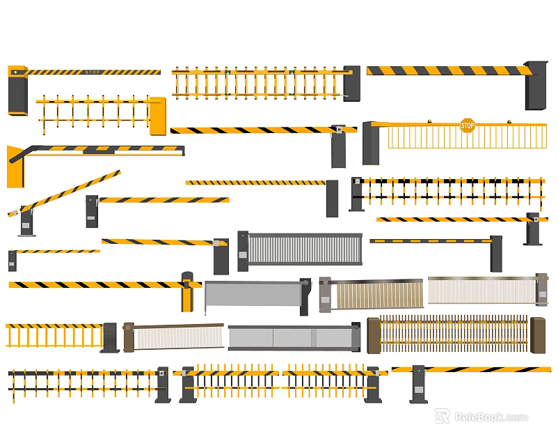 Yellow Black Striped Gate Barriers With Various Designs And Security Features 3d model