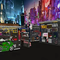 Neon Lit Commercial Street With Coffee Noodles Signboards Green Motorcycle Rainy Night Tall Buildings
