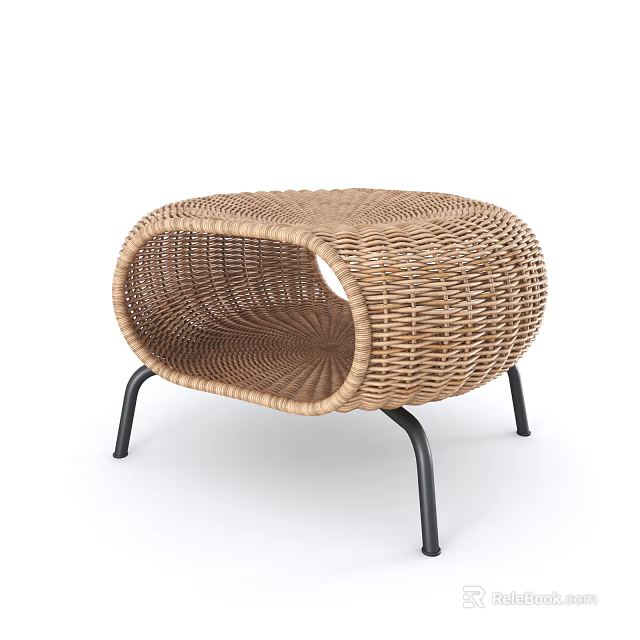 Modern Rattan Woven Stool With Oval Shape And Black Metal Legs 3d model 