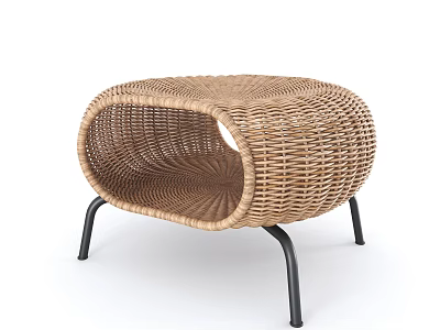 Modern Rattan Woven Stool With Oval Shape And Black Metal Legs 3d model