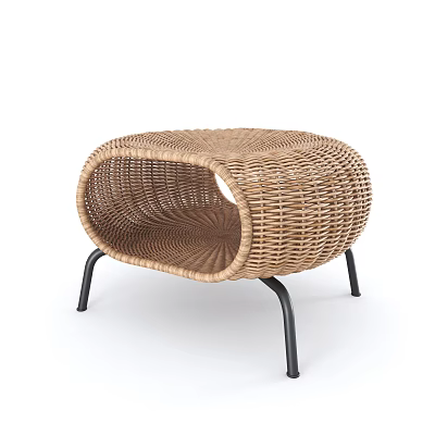 Modern Rattan Woven Stool With Oval Shape And Black Metal Legs 3d model