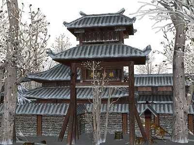 Ancient Architecture With Multi Tiered Tile Roof Wooden Framework And Stone Walls Surrounded By Trees 3d model
