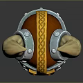 Fantasy Weapon Helmet Featuring Large Horns Metal Construction Gold Accents And Orange Lining