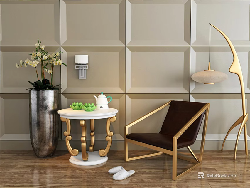 Leisure Chair with Brown Leather Golden Frame on Wooden Floor and White Marble Side Table 3d model 