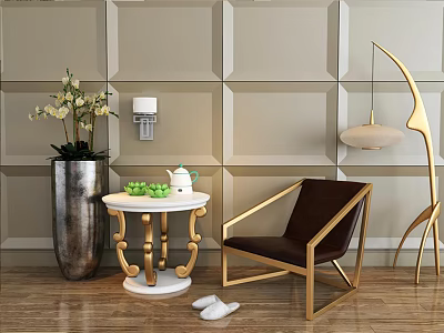 Leisure Chair with Brown Leather Golden Frame on Wooden Floor and White Marble Side Table 3d model