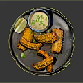 Stylish Black Ceramic Plate With Small Dip Bowl And Fresh Lemon Garnish Decoration