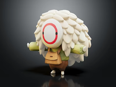 Cartoon Creature With White Fluffy Fur Red Circle Face Green Arms And Brown Bag 3d model