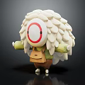 Cartoon Creature With White Fluffy Fur Red Circle Face Green Arms And Brown Bag