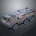 Six Wheeled Armored Military Vehicle Featuring Heavy Duty Armor Reinforced Body and Tactical Gear