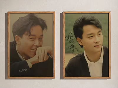 Two Portrait Paintings In Wooden Frames Hanging On Wall With Signed Figures In Suits 3d model