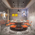 Private Dining Box With Round Table Orange Chairs Neon Decorations Astronaut Mural And Metal Screen