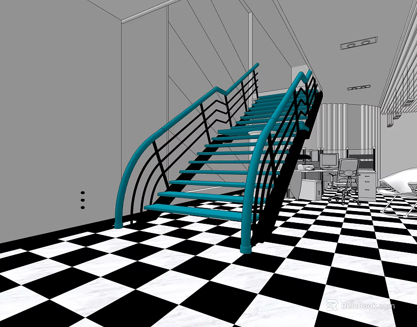 Modern Staircase With Blue Metal Handrail And Black White Checkered Floor 3d model 