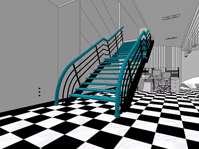 Modern Staircase With Blue Metal Handrail And Black White Checkered Floor 3d model