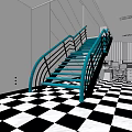 Modern Staircase With Blue Metal Handrail And Black White Checkered Floor