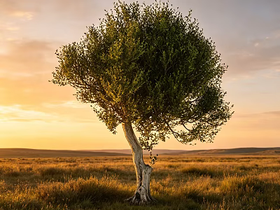 Tall Green Leafy Tree With Lush Foliage In Open Grassland During Sunset 3d model