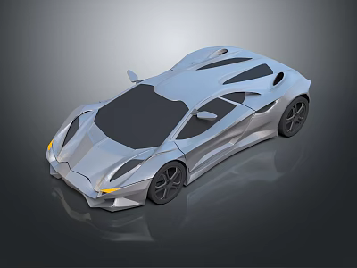 Silver Futuristic Sports Car With Sleek Aerodynamic Body Geometric Shapes Yellow Headlights And Black Wheels 3d model