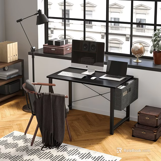 Home Office Desk And Chair Set With Laptop Monitor Keyboard And Vintage Suitcases 3d model 