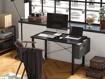 Home Office Desk And Chair Set With Laptop Monitor Keyboard And Vintage Suitcases 3d model