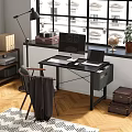Home Office Desk And Chair Set With Laptop Monitor Keyboard And Vintage Suitcases