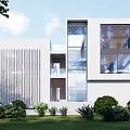 Modern Detached Villa With Glass Facade White Exterior Green Lawn And Trees