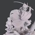 Game Movie Character Wearing Cloak Holding Sword with Feline Statue and Tree Trunk