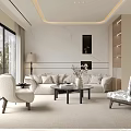 Modern Living Room Interior With Large Windows Curtains Sofa Coffee Table TV And Scenic View