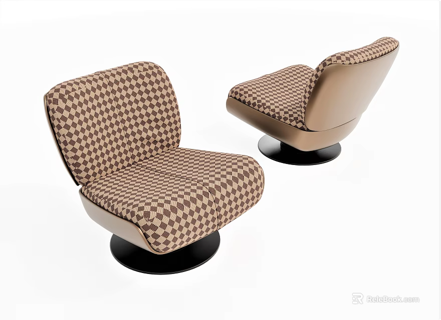 Modern Single Seater Sofa With Brown White Houndstooth Pattern And Black Round Base 3d model