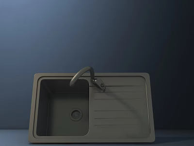 Modern Dark Gray Single Bowl Kitchen Sink with Faucet and Drainer 3d model