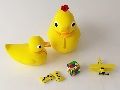 Cute Yellow Duck Dolls With Small Toy Plane Rubik's Cube And Dice 3d model