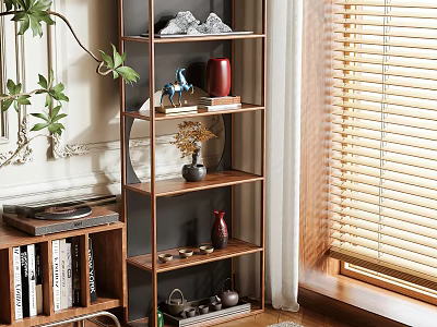 Wooden Display Shelf With Decorative Items Green Plants Vases And Books 3d model