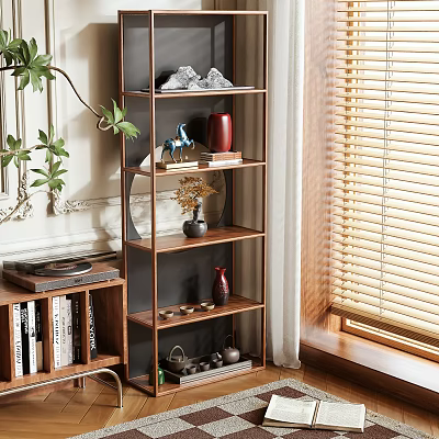 Wooden Display Shelf With Decorative Items Green Plants Vases And Books 3d model