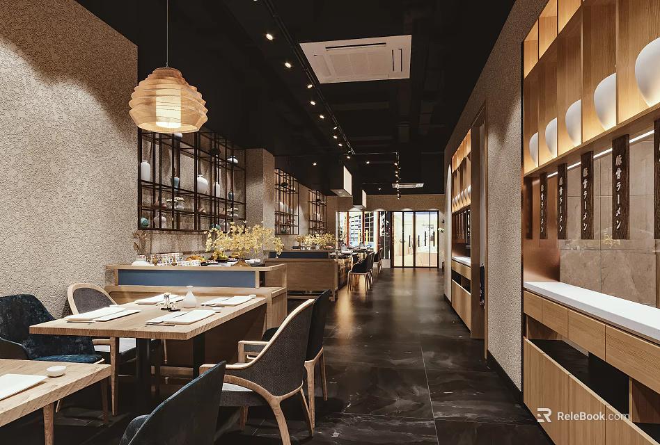 Modern Restaurant Interior With Open Layout Wooden Decor Pendant Lights And Dining Tables 3d model 