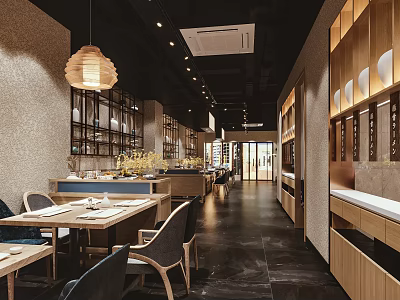 Modern Restaurant Interior With Open Layout Wooden Decor Pendant Lights And Dining Tables 3d model