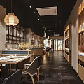 Modern Restaurant Interior With Open Layout Wooden Decor Pendant Lights And Dining Tables