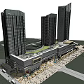Modern Hotel Building with Tall Skyscrapers and Surrounding Plaza Area