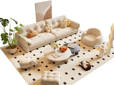 Modern Beige Sofa and Coffee Table Set with Cushions Plants Pet and Rug 3d model