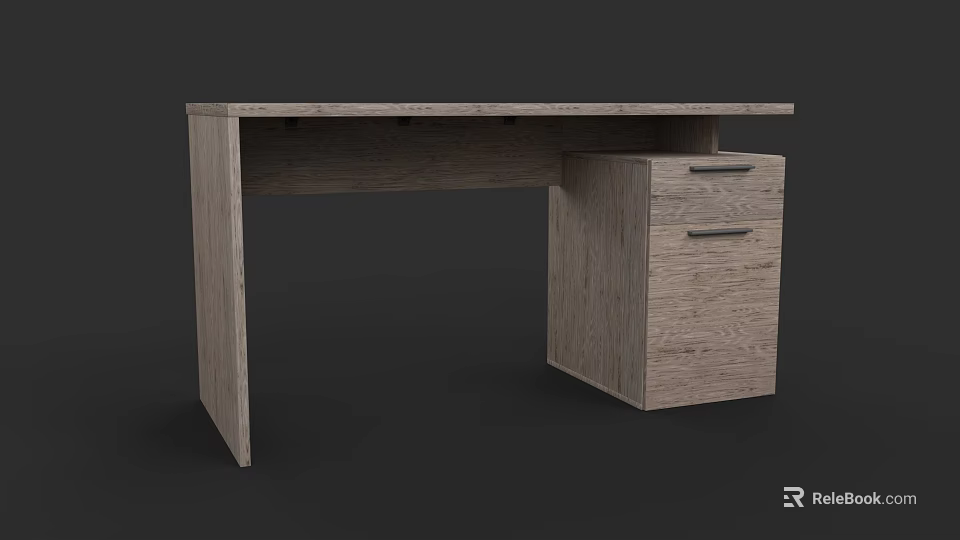 Simple Modern Wooden Office Desk With Side Cabinet And Drawers With Metal Handles 3d model 