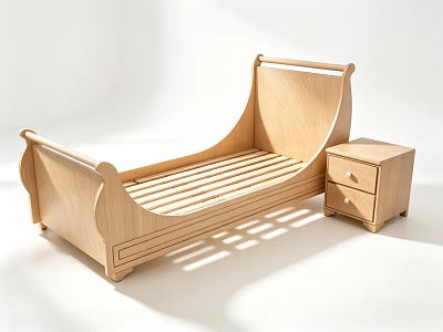 Single Wooden Bed with Simple Design and Slatted Base Paired With Matching Nightstand 3d model