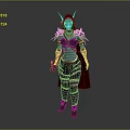 Blue Skinned Fantasy Character With Purple Gold Armor Red Cape Horns Standing Pose