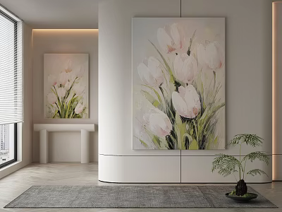 Modern Interior Decor With Large Tulip Paintings Console Table And Green Plant 3d model